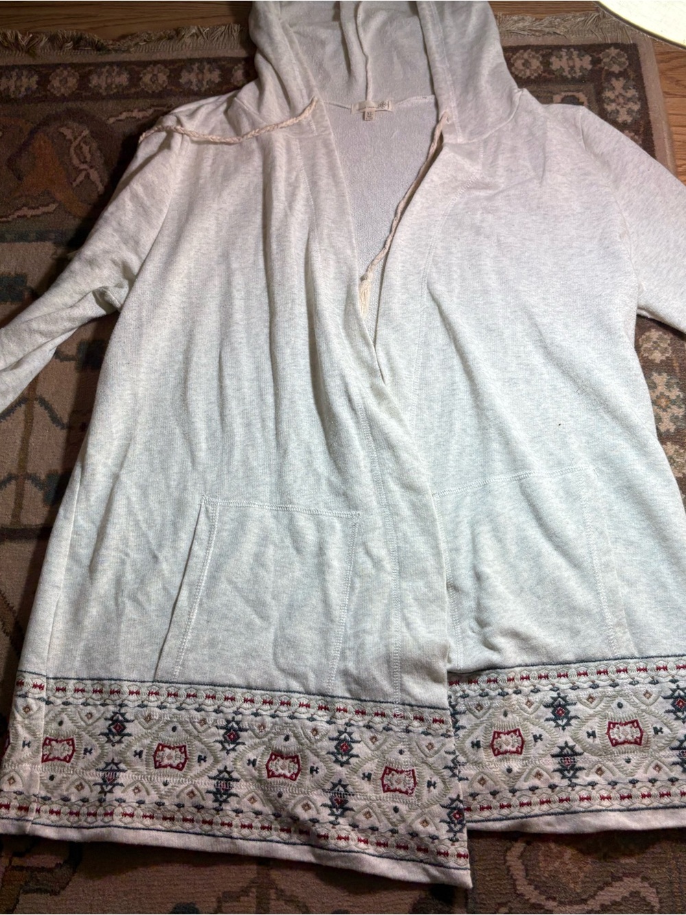 Democracy Light Gray Hooded Cardigan with Patterned Hem
